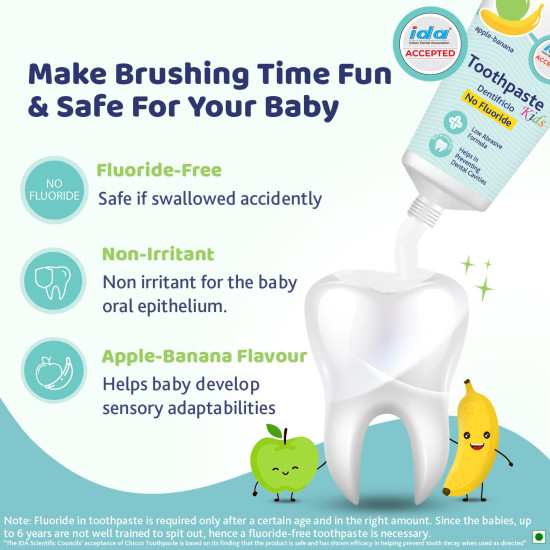 Chicco Toothpaste for Kids, Best for Baby (6m-6y), Apple-Banana Flavour, 50g | Fluoride-Free & Low Abrasive | Removes Plaque, Helps Prevent Cavities | IDA Accepted
