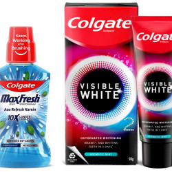 Colgate Plax Pepper Mint Mouthwash, 0% Alcohol - 500 ml & Visible White O2, Teeth Whitening Toothpaste, Aromatic Mint, 50g, Active Oxygen Technology, Enamel Safe Teeth Whitening Product