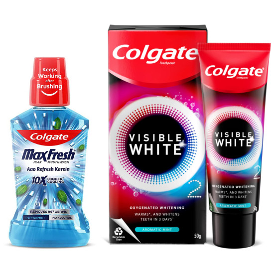 Colgate Plax Pepper Mint Mouthwash, 0% Alcohol - 500 ml & Visible White O2, Teeth Whitening Toothpaste, Aromatic Mint, 50g, Active Oxygen Technology, Enamel Safe Teeth Whitening Product