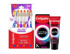 Colgate Visible White O2, Teeth Whitening Toothpaste, 50g & ZigZag Toothbrush, Pack of 6 Medium Multicolour Soft Tooth brush, Antibacterial with Compact Brush Head for Deep & Complete Cleansing