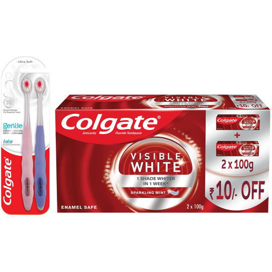 Colgate Gentle UltraFoam Ultra Soft Bristles Toothbrush & Visible White Teeth Whitening Toothpaste, Pack of 200g ​ (100g X 2), with Whitening Accelerators for Tobacco Stain Removal & Teeth Whitening