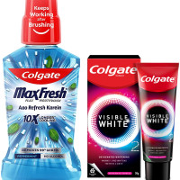 Colgate Plax Pepper Mint Mouthwash, 0% Alcohol - 500 ml & Visible White O2, Teeth Whitening Toothpaste, Peppermint Sparkle, 50g, Active Oxygen Technology, Enamel Safe Teeth Whitening Product