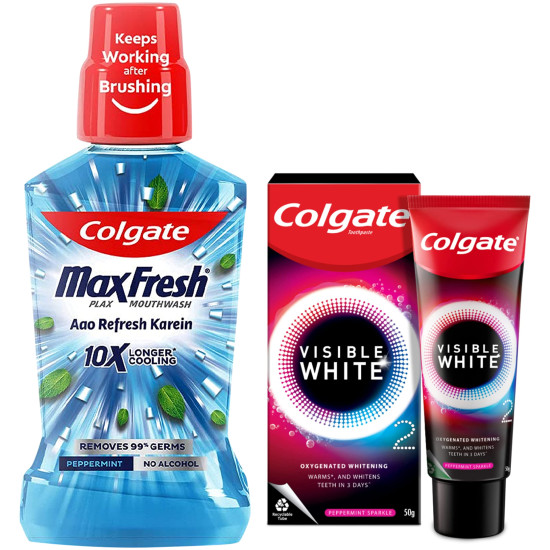 Colgate Plax Pepper Mint Mouthwash, 0% Alcohol - 500 ml & Visible White O2, Teeth Whitening Toothpaste, Peppermint Sparkle, 50g, Active Oxygen Technology, Enamel Safe Teeth Whitening Product