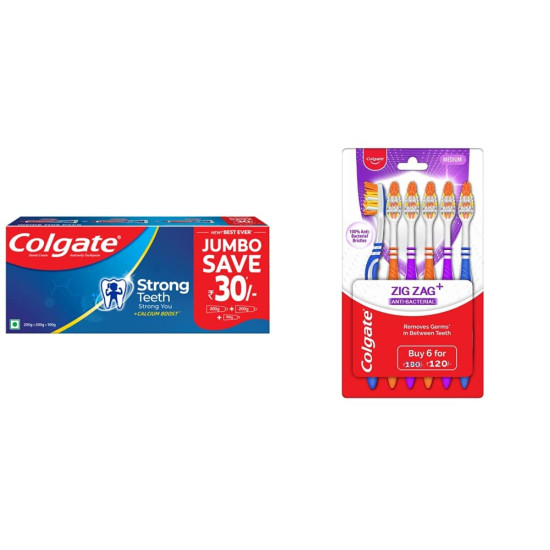 Colgate Strong Teeth Cavity Protection Toothpaste, Colgate Toothpaste with Calcium Boost, 500gm Saver Pack & ZigZag Toothbrush, Pack of 6 Medium Multicolour Soft Tooth brush