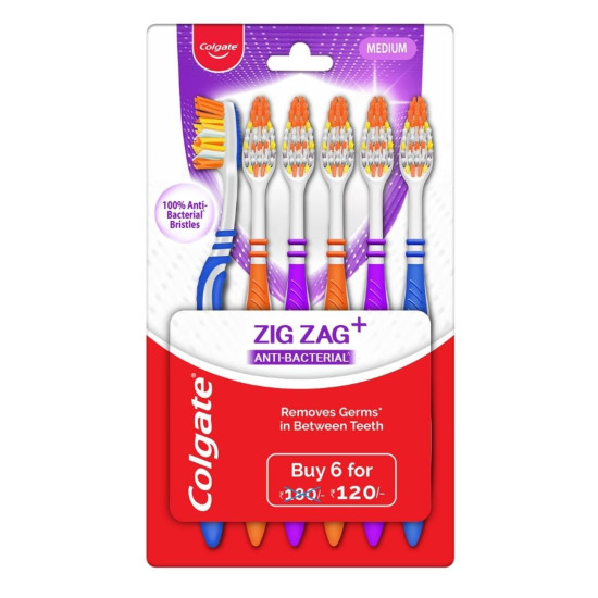 Colgate Strong Teeth Cavity Protection Toothpaste, Colgate Toothpaste with Calcium Boost, 500gm Saver Pack & ZigZag Toothbrush, Pack of 6 Medium Multicolour Soft Tooth brush