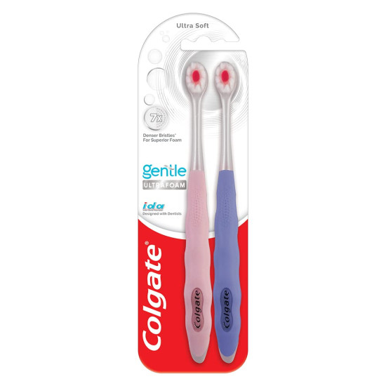 Colgate Gentle UltraFoam Ultra Soft Bristles Toothbrush, 2 Pcs & Visible White O2, Teeth Whitening Toothpaste, 50g Enamel Safe Teeth Whitening Product, Multicolour