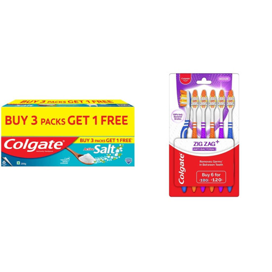 Colgate Active Salt Toothpaste, Pack of 800g (Buy 3 Get 1 Free), Colgate Toothpaste with Salt and Mint & ZigZag Toothbrush, Pack of 6 Medium Multicolour Soft Tooth brush