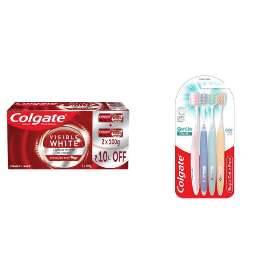 Colgate Visible White Teeth Whitening Toothpaste, Pack of 200g ​ (100g X 2) & Gentle Enamel Ultra Soft Bristles Toothbrush, 4 Pcs (Buy2 Get 2), Soft Bristles for Enamel Care