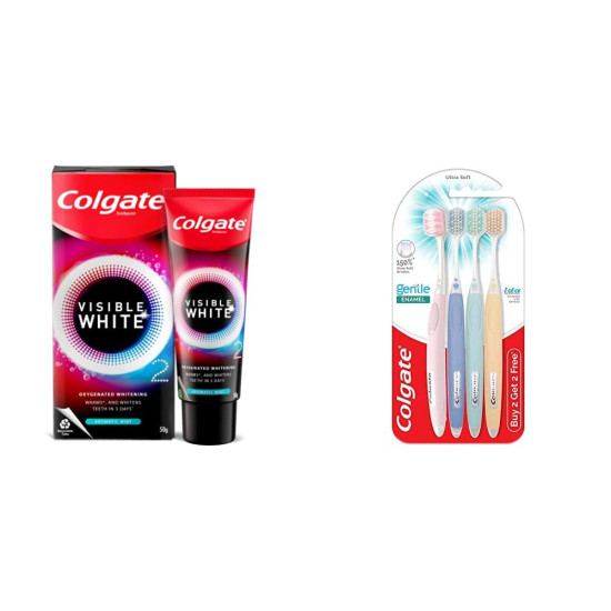 Colgate Visible White O2, Teeth Whitening Toothpaste, Aromatic Mint, 50g, Active Oxygen Technology, Multicolour & Gentle Enamel Ultra Soft Bristles Toothbrush, 4 Pcs (Buy2 Get 2)