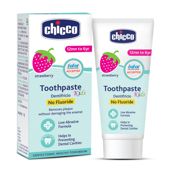 Chicco Toothpaste for Kids, Best for Baby (1y-6y), Strawberry Flavour, 50g | Fluoride-Free & Low Abrasive | Removes Plaque, Helps Prevent Cavities | IDA Accepted