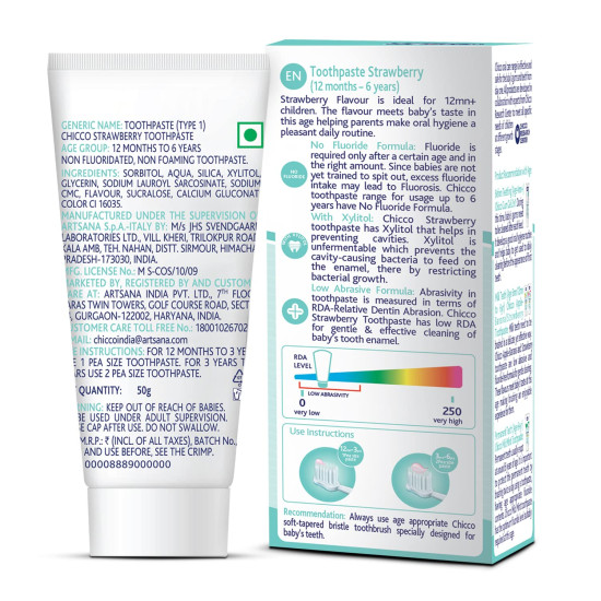Chicco Toothpaste for Kids, Best for Baby (1y-6y), Strawberry Flavour, 50g | Fluoride-Free & Low Abrasive | Removes Plaque, Helps Prevent Cavities | IDA Accepted