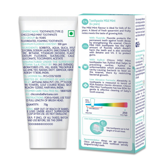 Chicco Toothpaste for Kids, Best for Baby (6+ years), Mild Mint Flavour, 70g | With Fluoride to Remove Plaque | Low Abrasive| Helps Prevent Cavities | IDA Accepted