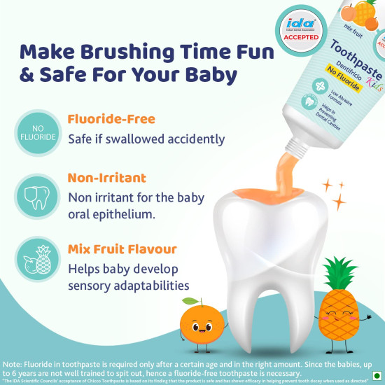 Chicco Toothpaste for Kids Best for Baby (1y-6y), Mix Fruit Flavour, 50g | Fluoride-Free & Low Abrasive | Removes Plaque, Helps Prevent Cavities | IDA Accepted