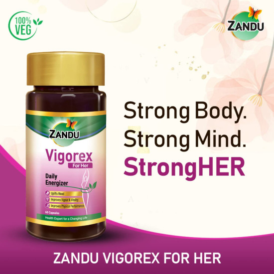 Zandu Vigorex For Her: A Daily Energizer |100% Natural,Authentic & Safe ingredients| Her Secret Remedy for Vigour and Vitality (Pack of 60 capsules)