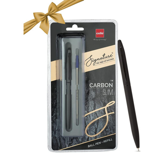 Cello Signature Carbon Slim Ball Pen + Refill Pack | Blue Ink | 1 Ball Pen + 1 Refill | Matte Black Finish | Premium Metal Pen for Gift | Stylish Corporate & New Year Gifts for Men & Women