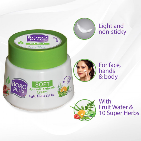 BoroPlus Soft Antiseptic Cream | Light & Non-sticky | Provides 24 hour moisturisation|Ayurvedic Cream for all seasons |Hand Cream, Body Cream & Face Cream | Vitamin E - 200 ml