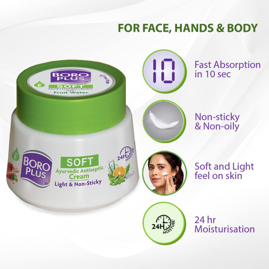 BoroPlus Soft Antiseptic Cream | Light & Non-sticky | Provides 24 hour moisturisation|Ayurvedic Cream for all seasons |Hand Cream, Body Cream & Face Cream | Vitamin E - 200 ml