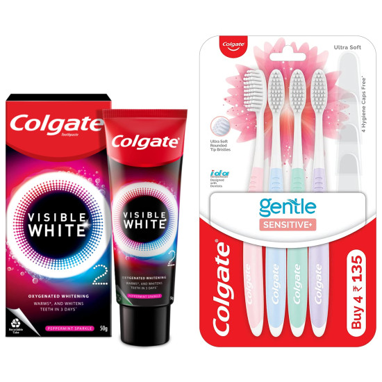 Colgate Visible White O2, Teeth Whitening Toothpaste, Peppermint Sparkle, 50g, Active Oxygen Technology & Sensitive Soft Bristles Manual Toothbrush for adults - 4 Pcs, Multicolor