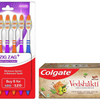 Colgate Swarna Vedshakti Ayurvedic Cavity Protection, Bad Breath Treatment Toothpaste - 400gm & ZigZag Manual Toothbrush for adults, Pack of 6 Medium Multicolour Soft Tooth brush
