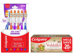 Colgate Swarna Vedshakti Ayurvedic Cavity Protection, Bad Breath Treatment Toothpaste - 400gm & ZigZag Manual Toothbrush for adults, Pack of 6 Medium Multicolour Soft Tooth brush