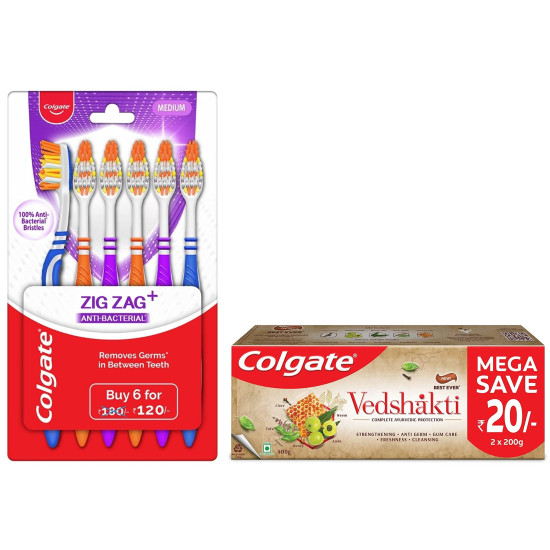 Colgate Swarna Vedshakti Ayurvedic Cavity Protection, Bad Breath Treatment Toothpaste - 400gm & ZigZag Manual Toothbrush for adults, Pack of 6 Medium Multicolour Soft Tooth brush