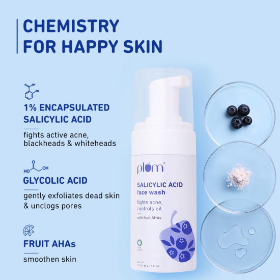 Plum 1% Encapsulated Salicylic Acid Foaming Face Wash | Fights Active Acne, controls oil & deep cleanses pores | with Glycolic Acid & Fruit AHAs | All Skin Types | Face Cleanser for Women & Men | 110ml