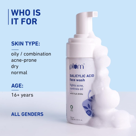 Plum 1% Encapsulated Salicylic Acid Foaming Face Wash | Fights Active Acne, controls oil & deep cleanses pores | with Glycolic Acid & Fruit AHAs | All Skin Types | Face Cleanser for Women & Men | 110ml