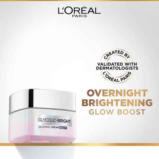 L'Oreal Paris Glycolic Bright Glowing Night Cream, 15ml |Overnight Brightening Cream with Glycolic Acid that Visbily Minimizes Spots & Reveals Glowing skin