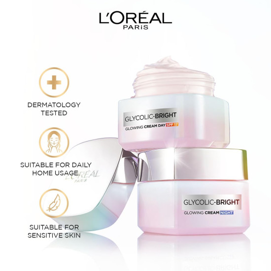 L'Oreal Paris Glycolic Bright Glowing Night Cream, 15ml |Overnight Brightening Cream with Glycolic Acid that Visbily Minimizes Spots & Reveals Glowing skin