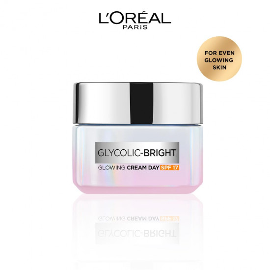 L'Oreal Paris Glycolic Bright Day Cream with SPF 17, 15ml |Skin Brightening Cream with Glycolic Acid that Visbily Minimizes Spots & Reveals Even Toned Skin