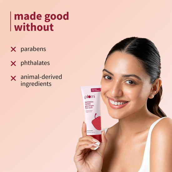 Plum Saffron & Papaya Glow & Brightening Face Wash with Vitamin B5 | Boosts Glow & Brightens Skin | Non-Drying | All Skin Types | Bright Gel Face Wash for Women & Men | for All Skin Types | 100ml