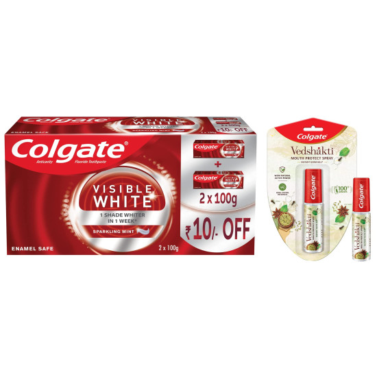 Colgate Visible White Teeth Whitening Toothpaste, Pack of 200g (100g X 2) & Vedshakti Mouth Protect Spray - 10gm,Pack of 1