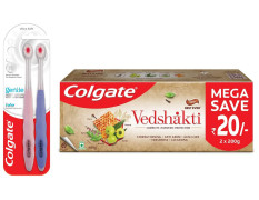Colgate Gentle UltraFoam Ultra Soft Bristles Manual Toothbrush for adults, 2 Pcs Multicolor & Swarna Vedshakti Ayurvedic Cavity Protection Toothpaste - 400gm
