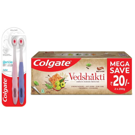 Colgate Gentle UltraFoam Ultra Soft Bristles Manual Toothbrush for adults, 2 Pcs Multicolor & Swarna Vedshakti Ayurvedic Cavity Protection Toothpaste - 400gm