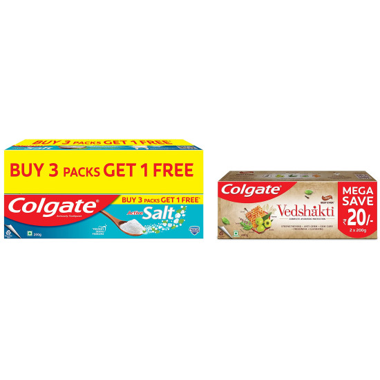 Colgate Active Salt Toothpaste, Daily Germ Protection, Pack of 800g (Buy 3 Get 1 Free) & Swarna Vedshakti Ayurvedic Cavity Protection - 400gm