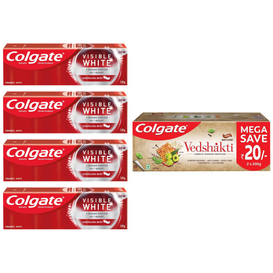 Colgate Visible White Teeth Whitening Toothpaste, Pack of 400g(100g X 4) & Colgate Swarna Vedshakti Ayurvedic Cavity Protection, Bad Breath Treatment Toothpaste - 400gm