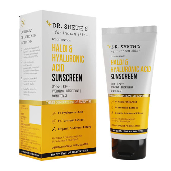 Dr. Sheth's Haldi & Hyaluronic Acid Sunscreen with 1% Hyaluronic Acid & 1% Turmeric Extract | Spf 50+ | PA+++ | Hydrating & Brightening | Protects against UVA/UVB & Blue light | For Women & Men -50g