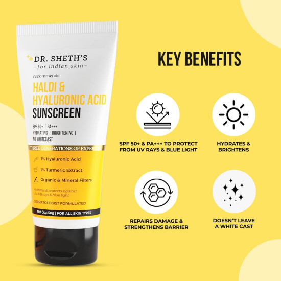 Dr. Sheth's Haldi & Hyaluronic Acid Sunscreen with 1% Hyaluronic Acid & 1% Turmeric Extract | Spf 50+ | PA+++ | Hydrating & Brightening | Protects against UVA/UVB & Blue light | For Women & Men -50g