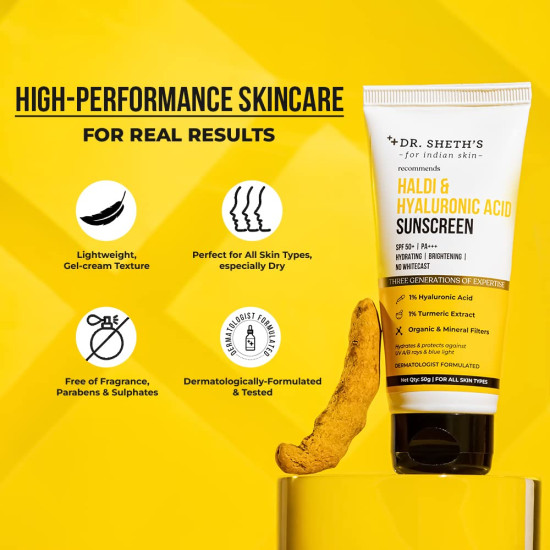 Dr. Sheth's Haldi & Hyaluronic Acid Sunscreen with 1% Hyaluronic Acid & 1% Turmeric Extract | Spf 50+ | PA+++ | Hydrating & Brightening | Protects against UVA/UVB & Blue light | For Women & Men -50g