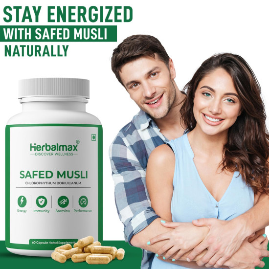 Herbalmax Safed Musli 800mg | With Shilajit, Ashwagandha & Gokshura | Natural Energy, Immunity Boost, Stamina & Stress Relief | Enhances Performance & Body Strength for Men & Women – 60 Veg Capsules