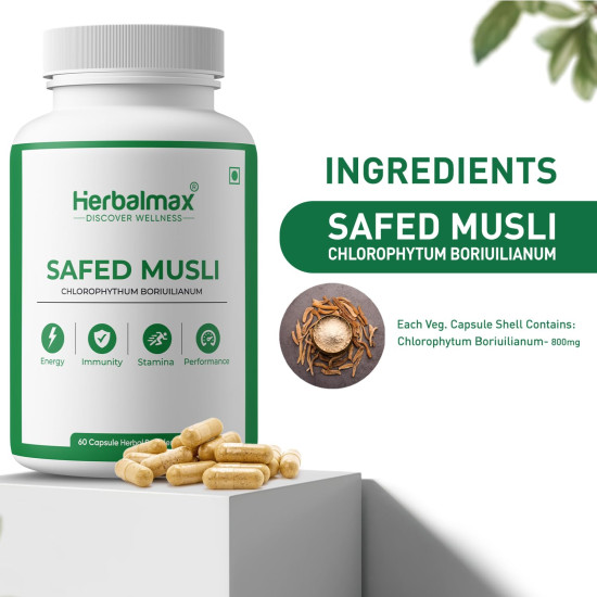 Herbalmax Safed Musli 800mg | With Shilajit, Ashwagandha & Gokshura | Natural Energy, Immunity Boost, Stamina & Stress Relief | Enhances Performance & Body Strength for Men & Women – 60 Veg Capsules