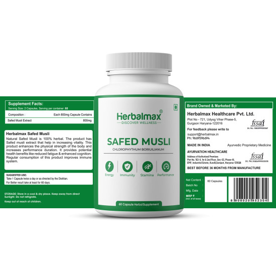 Herbalmax Safed Musli 800mg | With Shilajit, Ashwagandha & Gokshura | Natural Energy, Immunity Boost, Stamina & Stress Relief | Enhances Performance & Body Strength for Men & Women – 60 Veg Capsules