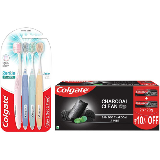 Colgate Gentle Enamel Ultra Soft Bristles Manual Toothbrush 4 Pcs (Buy2 Get 2) & Colgate Charcoal Clean Black Gel Toothpaste, Pack of 240g (120g X 2)