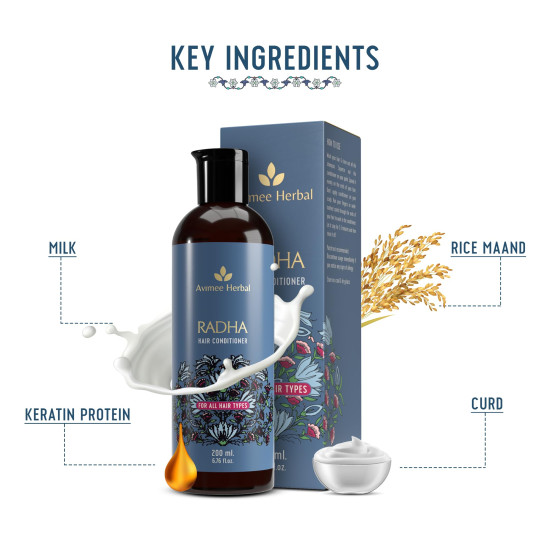 AVIMEE HERBAL Radha Hair Conditioner For All Hair Type | Repairs Damaged Hair | With Keratin Protein, Rice Protein, Apple Cider Vinegar & Aloe Vera | Makes Hair Silky Smooth | 200 Ml,1 Count