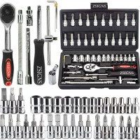 46PCS 1/4 inch Drive Socket Set,Metric Ratchet Wrench Set with 4-14mm CR-V Sockets,S2 Bits,Extension Bars,Mechanic Tool Kits for Household Auto Repair