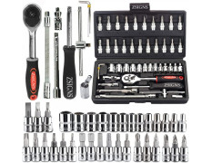 46PCS 1/4 inch Drive Socket Set,Metric Ratchet Wrench Set with 4-14mm CR-V Sockets,S2 Bits,Extension Bars,Mechanic Tool Kits for Household Auto Repair