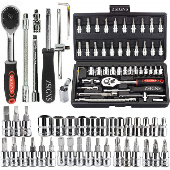 46PCS 1/4 inch Drive Socket Set,Metric Ratchet Wrench Set with 4-14mm CR-V Sockets,S2 Bits,Extension Bars,Mechanic Tool Kits for Household Auto Repair