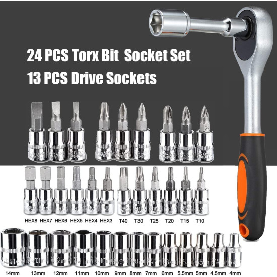 46PCS 1/4 inch Drive Socket Set,Metric Ratchet Wrench Set with 4-14mm CR-V Sockets,S2 Bits,Extension Bars,Mechanic Tool Kits for Household Auto Repair