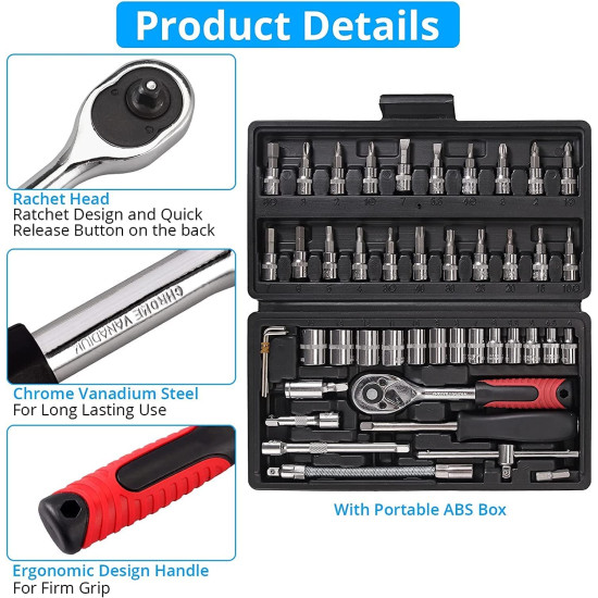 46PCS 1/4 inch Drive Socket Set,Metric Ratchet Wrench Set with 4-14mm CR-V Sockets,S2 Bits,Extension Bars,Mechanic Tool Kits for Household Auto Repair