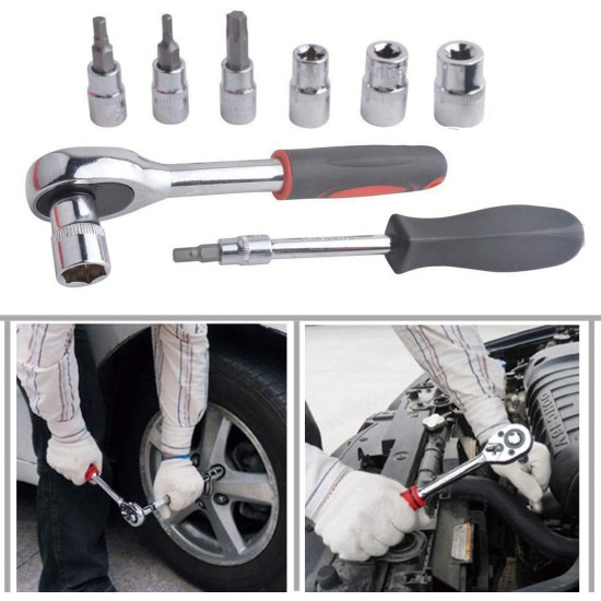 46PCS 1/4 inch Drive Socket Set,Metric Ratchet Wrench Set with 4-14mm CR-V Sockets,S2 Bits,Extension Bars,Mechanic Tool Kits for Household Auto Repair